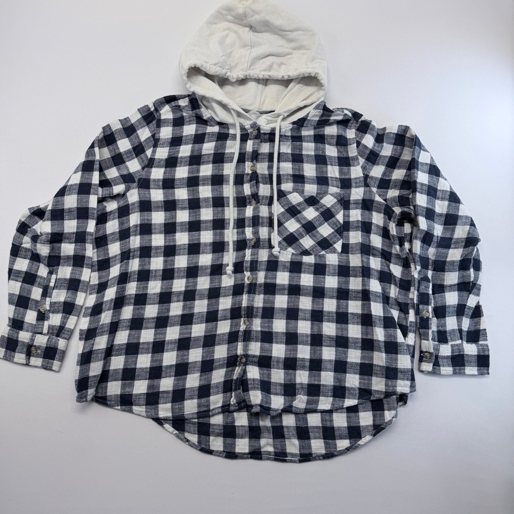 Time and Tru Navy Blue White Buffalo Plaid Hooded Flannel Shirt XXXL 22